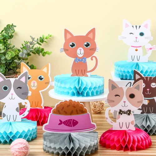 Chinco 9 Pcs Cat Party Centerpieces for Tables Cat Birthday Party Decorations Honeycomb Cat Party Supplies Cat Party Favor Table Decoration Cat Table Topper for Bridal Shower Wedding Birthday Party