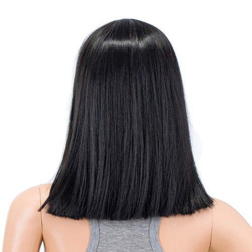 SWACC 14 Inches Short Straight Medium Shoulder Length Wig with Blunt Cut Bangs and Bottom End Synthetic Heat Resistant Hair Wigs for Women with Wig Cap (Off Black-1B)
