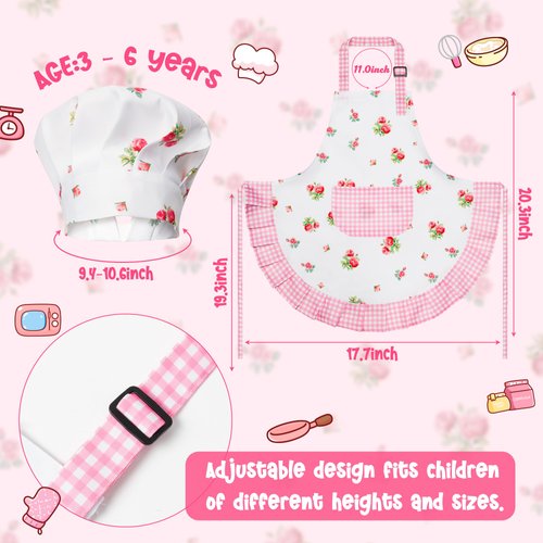 R HORSE Kid Apron and Chef Hat Set - 2Pcs Plaid Floral Adjustable Children Kitchen Apron, Dress up Role Play Chef Toy Cooking Baking Painting and Training Kit Kid Funny Cooking Birthday Gift for Girls