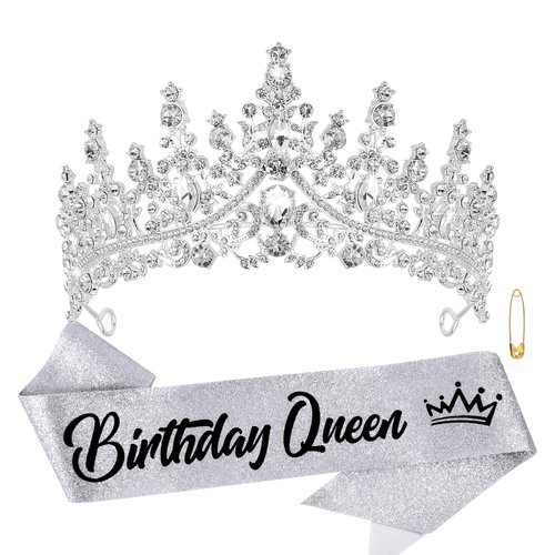 CHANACO Birthday Crown Tiaras for Women Birthday Queen Sash Silver Crystal Birthday Tiara Rhinestone Birthday Headband Princess Crown for Girls Hair Accessories Happy Birthday Party Decorations