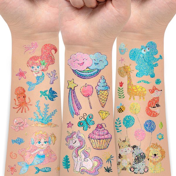 EMOME Glitter Tattoos for Kids, Party Favor Bags for Kids Birthday Party Supplies Decorations, Kids Tattoos Stickers Temporary for Goodie Bag Stuffers (12 Sheets)