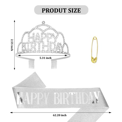 Ondder Birthday Sash and Crown Silver Happy Birthday Tiara and Sash for Women Girls Glitter Happy Birthday Sash Birthday Party Decorations Gifts for Her Birthday Party Favors Supplies for Women Girls