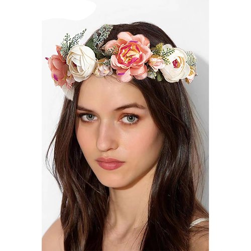 Lofruiin Women's Bohemian Simulated Rose Flower Wreath Adjustable Rose Flower Headband Seaside Party Floral Headpiece (Coral)