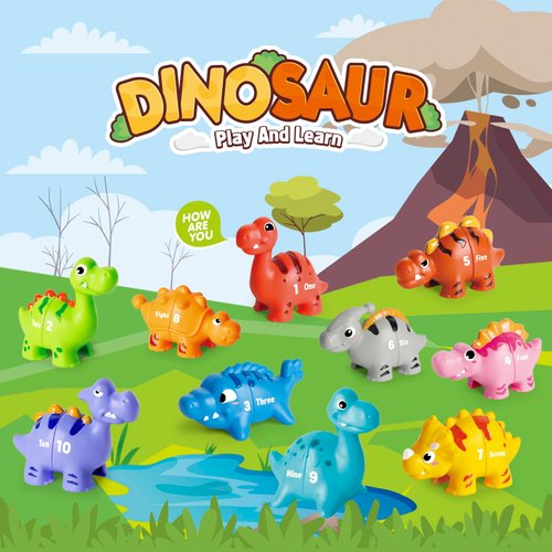 Jetbotell 20 PCS Dinosaur Number Learning Toys for Toddlers 2-4, 10 Different Dinosaur Figures, Double Sided Number Matching Game, Preschool Activities Montessori Fine Motor Toys for Toddlers Kids