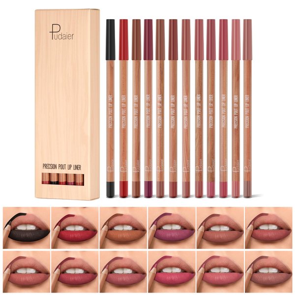 ZUK Pudaier 12Pcs Lip Liner Pencil Set, Oak Matte Lip Liners Long-Lasting Waterproof Lip Liner Pack Natural Smooth Lip Makeup Pencils