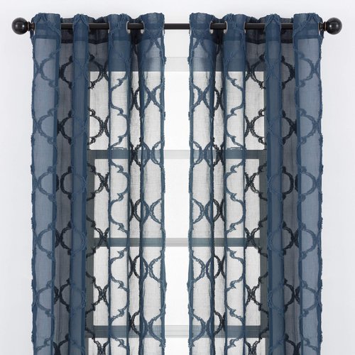 Chanasya Premium 2-Panel Moroccan Embroidered Grommet Textured Sheer Curtain Panels - for Windows Living Room Bedroom Office - Translucent Window Drapes for Home - 52 x 84 Inches Long - Dark Blue