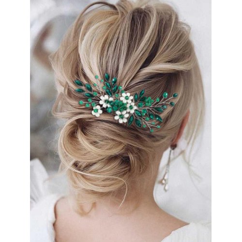 GENBREE Pearl Bride Wedding Hair Comb Green Crystal Flower Hair Piece Bridal Hair Accessories for Women and Girls