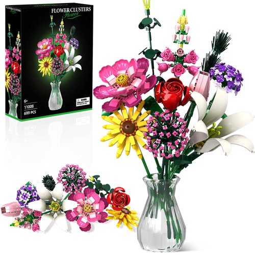 Linkowin Flower Bouquet Building Set, 699pcs Creative DIY Plant Bouquet Decoration,10 Unique Flower Bouquet for Girls Women Adults 6+, Idea Gifts for Valentines Birthdays Mother's Day