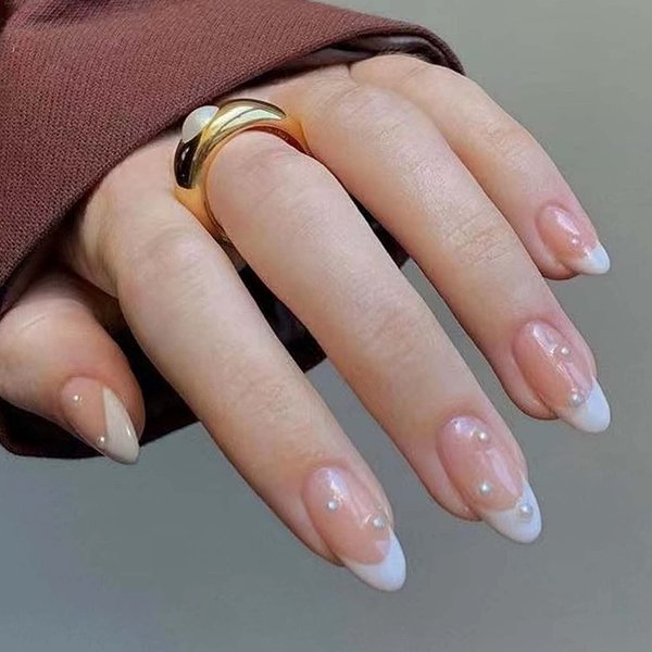 MISUD Medium Stiletto Press on Nails, 24Pcs White Pearl False Nails, Glossy French Tip, Glue on Nails for Women and Girls