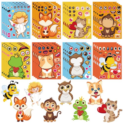 32 Sheets Valentines Stickers for Kids, Make Your Own Face Animal Stickers, Creative Animal Game ...