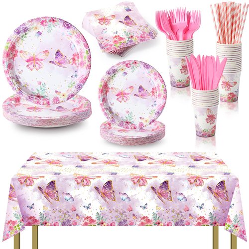 176 Pcs Butterfly Birthday Party Supplies, Butterfly Party Decorations Tablecloth Plates Napkins Cups Straws Knives Forks Butterfly Baby Shower Decorations for Girl Party Favor (Pink Purple)