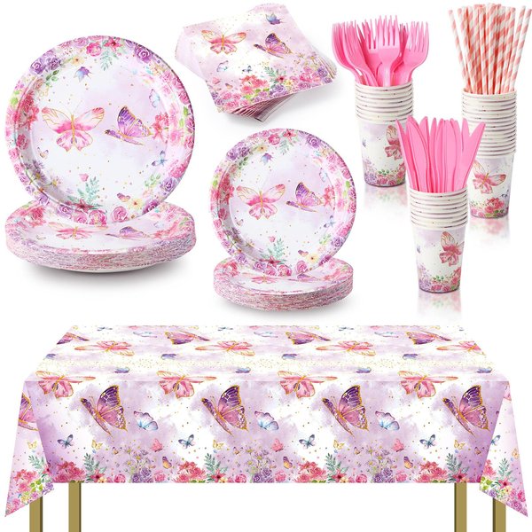 176 Pcs Butterfly Birthday Party Supplies, Butterfly Party Decorations Tablecloth Plates Napkins Cups Straws Knives Forks Butterfly Baby Shower Decorations for Girl Party Favor (Pink Purple)