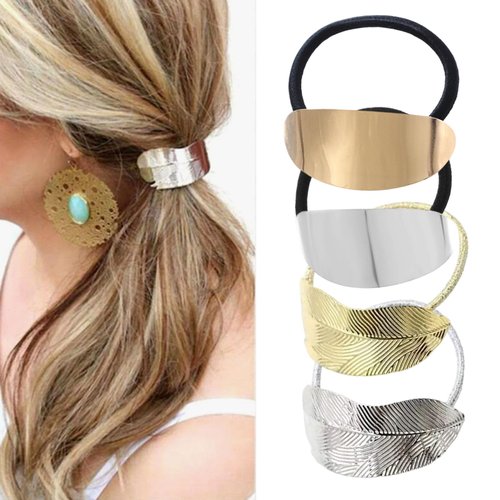 mdgfge 4 Pcs Metal Circle Elastic Hair Ties Ponytail Hair Cuff Holder Hair Rope Minimalist Dainty Leaves Glossy Surface Ellipse Ponytail Holder Glitter Decorative Gold Hair Accessories for Women
