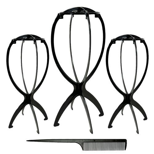 Le Opeia 3 Pack Wig Stand, Wig Head Stand, Wig Holder, Portable Collapsible Wig Holder for Short Wigs and Hats, 14.2 inches wig stand with professional Salon Comb (Black)