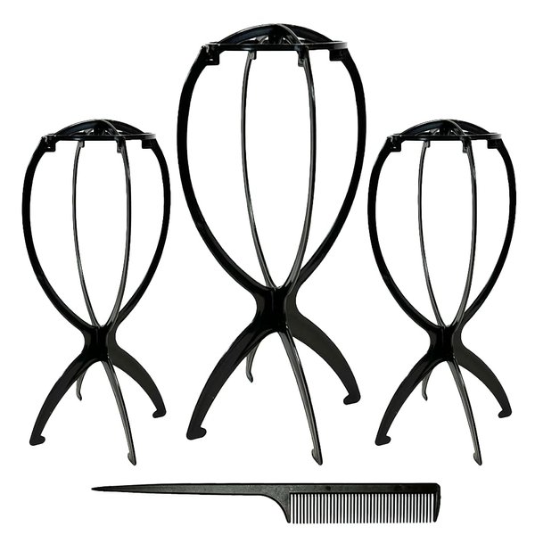 Le Opeia 3 Pack Wig Stand, Wig Head Stand, Wig Holder, Portable Collapsible Wig Holder for Short Wigs and Hats, 14.2 inches wig stand with professional Salon Comb (Black)
