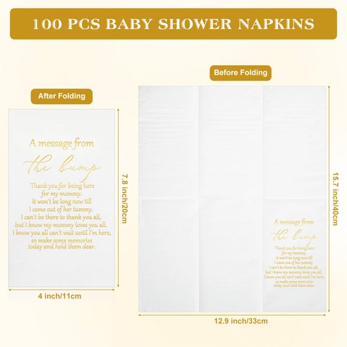 Resurhang 100 Pcs Baby Shower Napkins 3 ply Cocktail Napkins for Baby Shower 4 x 7.9 inch A Message from the Bump Disposable Gender Reveal Napkins with Gold Foil for Baby Shower Baby Welcome Party