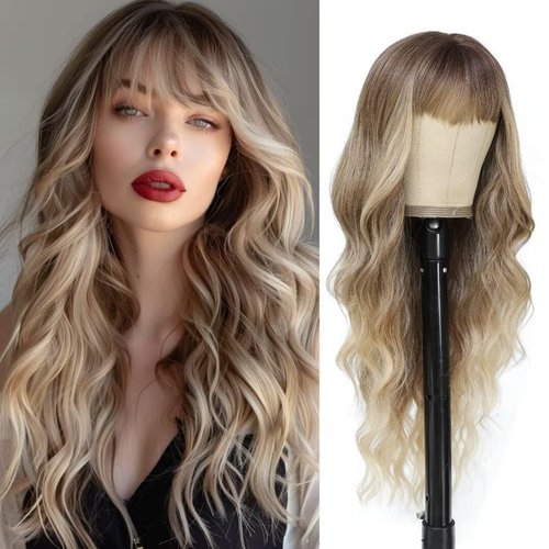 Alimiriam Blonde Wig With Bangs Long Blonde Wavy Wig with Dark Root Synthetic Heat Resistant Wigs for Women Glueless Wig with Bangs None Lace Front Wig for Cosplsy Halloween Daily Party Use 26 Inches