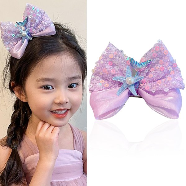 Mermaid Hair Bow Clips for Girls Cute Bow Hair Clip for Toddler Purple Bling Hair Bows Strong Hold Hair Barrettes Sequins Hairpin Glitter Fishtail Hair Accessories for Back to School Styling 1Pcs