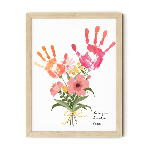 TwoDays Flower Bouquet Handprint Art Craft DIY Kit, Unique Gifts for Mom from Daughter or Son for Mother's Day Birthday Christmas, Gift for Grandma.(12" X 16", with Wood Frame)