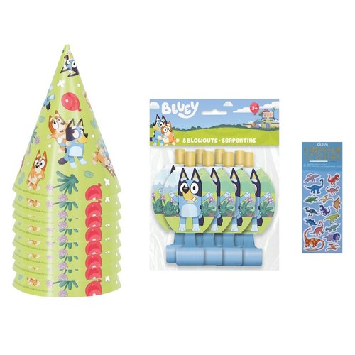 Unique Bluey Birthday Party Supplies Bundle includes 8 Party Hats, 8 Party Blowouts and 1 Dinosaur Sticker Sheet
