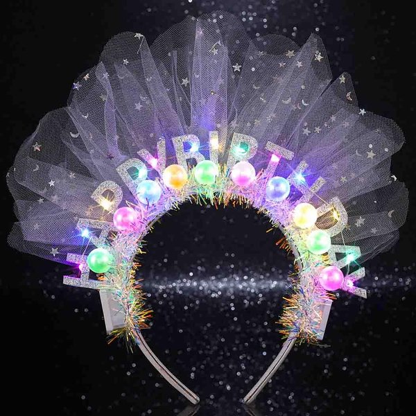 DRESBE Light Up Birthday Headband Silver LED Pearl Happy Birthday Headbands Birthday Party Favors Hair Accessories for Women