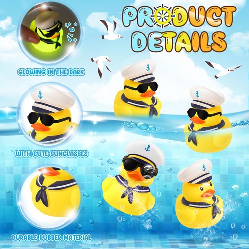 Simgoing 24 Pcs Christmas Cruise Duck Gift Bulk Glow in The Dark Rubber Ducks with Sunglasses Tiny Sailing Ducks Squeaky Nautical Ship Toy for Birthday Party Favors Classroom Carnival