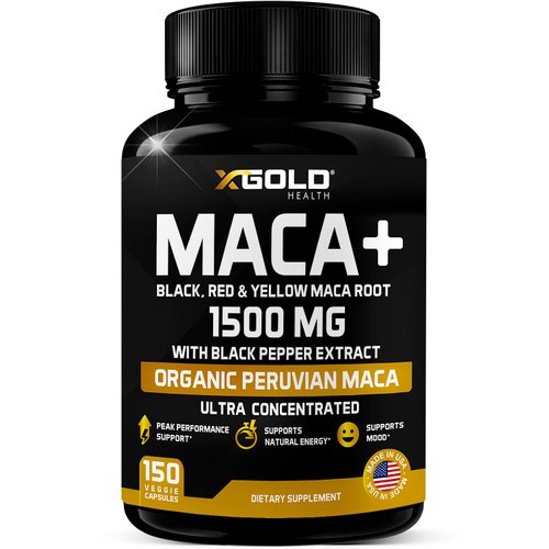 X Gold Health Organic Maca Root Powder Capsules 1500mg with Black | Red & Yellow Peruvian Maca Root Extract Gelatinized, Energy & Mood Supplement for Men & Women + Black Pepper for Best Benefits
