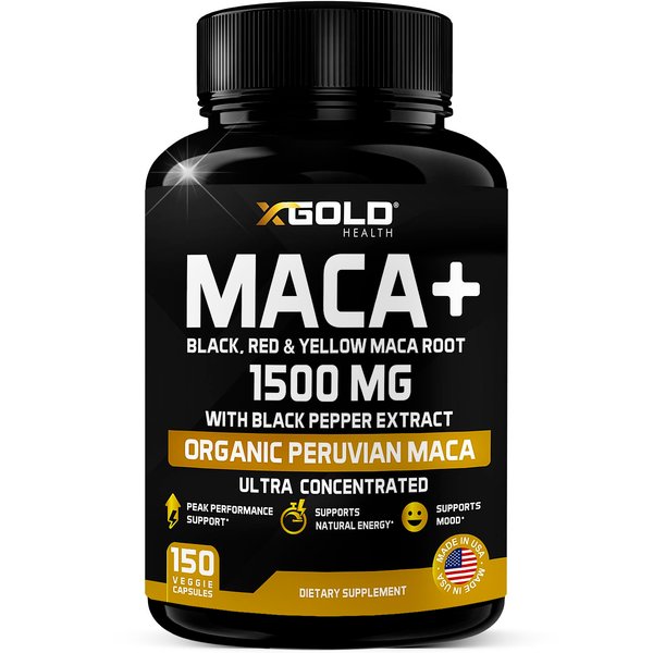 X Gold Health Organic Maca Root Powder Capsules 1500mg with Black | Red & Yellow Peruvian Maca Root Extract Gelatinized, Energy & Mood Supplement for Men & Women + Black Pepper for Best Benefits