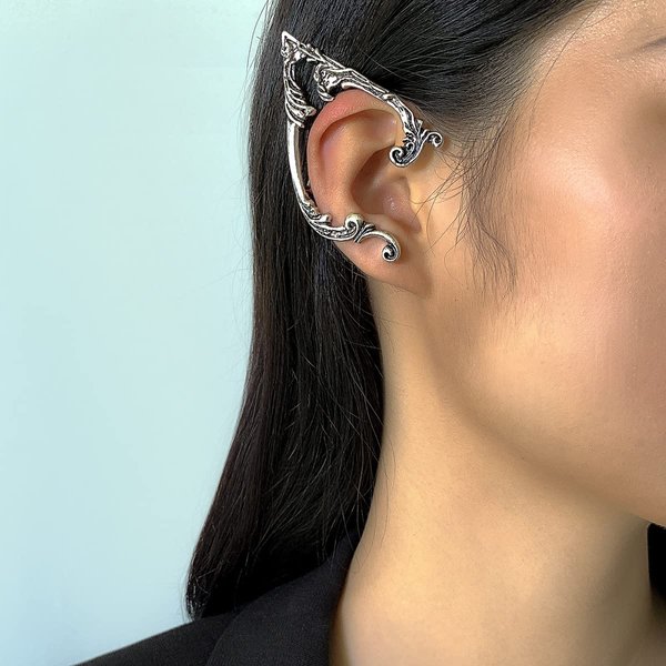 Asphinien Gothic Elves Ear Cuff 2pcs Piercing Cartilage Climber Ear Wrap Retro Silver Stud Earrings Punk Hip Hop Clip on Statement Earrings Gift for Women