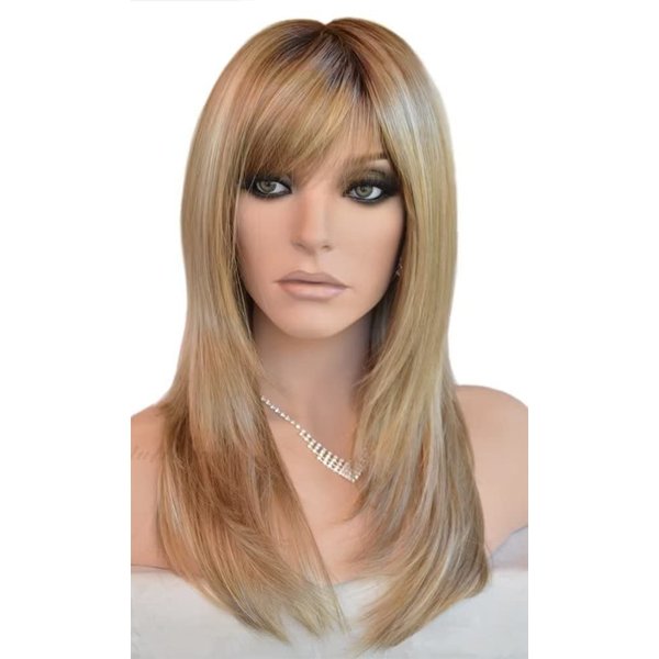 Auflaund Long Straight Blonde Wigs Imported Synthetic Ombre Dark Root Layered High Dentistry Glazed Hair Replacement Wigs for Women with Inclined Bangs 22 Inches (T/Blonde)