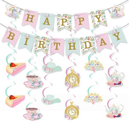 Floral Tea Party Decorations for Women Girls - Floral Tea Happy Birthday Banner Tea Hanging Swirls Decoration for Birthday Baby Shower Wedding Party Supplies (Golden)