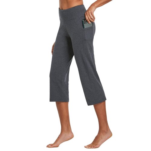 BALEAF Yoga Pants for Women Capris High Waist Leggings with Pockets Wide Leg Exercise Workout Crop Straight Open Bottom Charcoal L
