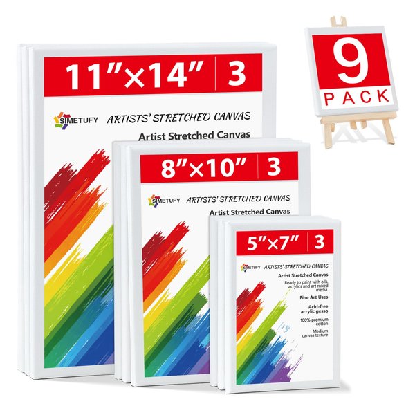 Simetufy 9 Sets Stretched Canvas for Painting, Multi Pack 5x7, 8x10, 11x14, Artist Canvases Frame Board, 100% Cotton Blank Canvase for Oil Acrylic Watercolor Paint, Acid-Free for Kids & Artists