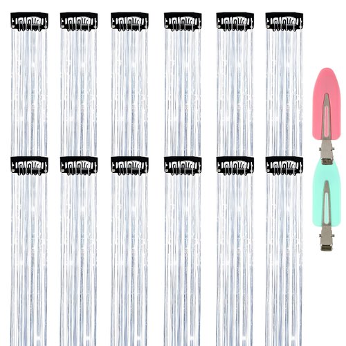 12 Pcs Silver Hair Tinsel Extension Clip in, Glitter Hair Tinsel Set with 2 Flat Hair Clip, Fairy Hair Pieces Party Christmas New Year Daily Gift For Women Girls Kids, 22''