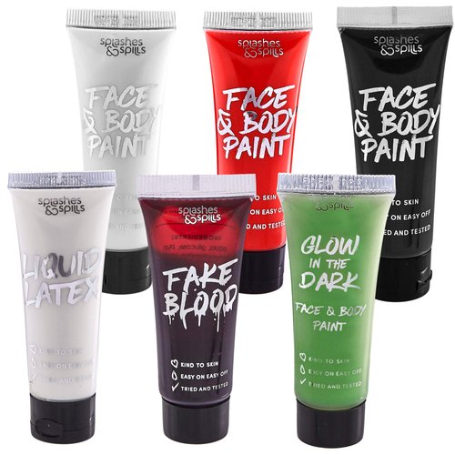 Splashes & Spills Horror FX Makeup Kit - 9 Piece Set, SFX Makeup, Face Body Paint Halloween Makeup, Perfect For Vampire, Zombie, or Ghost Looks, Includes 6 Colors Sponge, Brush, and Tutorial Guide