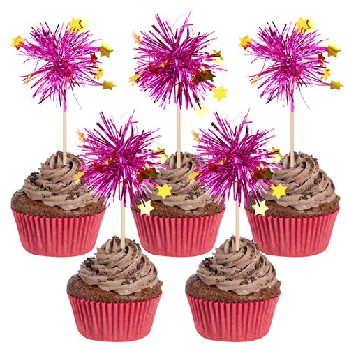 30 PCS Foil Firework Cupcake Toppers Happy Birthday Star Cupcake Picks Sparkle Tinsel Drink Stirrers Cocktail Fruit Toothpicks for Valentine's Day Wedding Birthday Party Decorations Supplies Purple