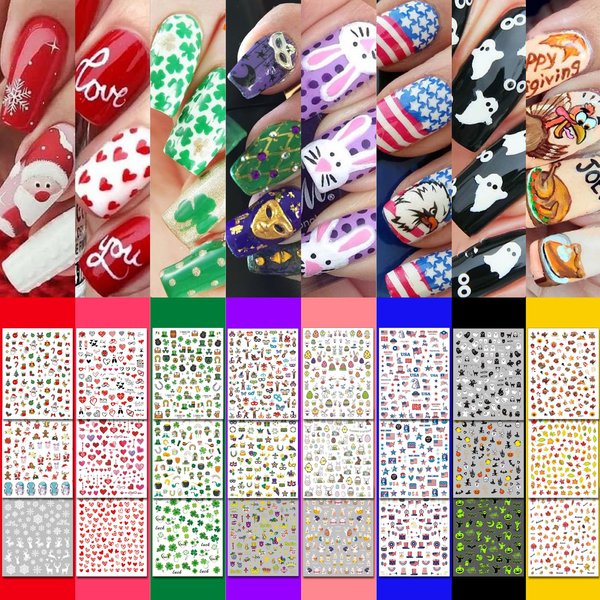 IDDFEVE 30 Sheets 8 Holiday Nail Art Stickers, Variety Pack All Season Nail Decals for All Year, Self-Adhesive Pegatinas Uñas 4th of July Halloween Fall Christmas Valentine St. Patrick's