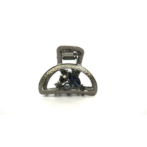 Small round dark silver metal blue crystal gray pearl hair claw clip
