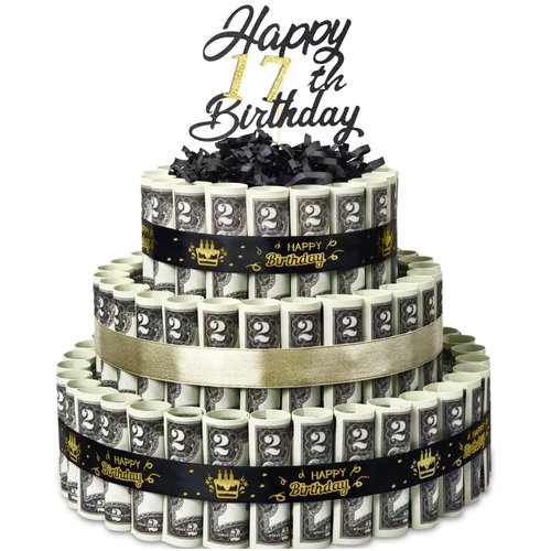 BUAEL Happy Birthday Gift Can Be 17 Age 3 Layers Of Black Gold Cake Filled With Cash Happy Birthday Day Money Cake Gift Party Supplies Money Gift Ideas For Birthday Cake
