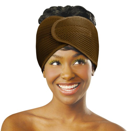 DONNA DELUXE FOAM MESH WRAP OLIVE + VITAMIN E TREATED, Curly Hair Care Essentials Face Wash, Makeup, and Headband for Women, 1PC BROWN COLOR