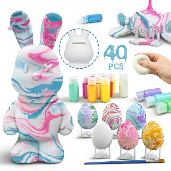 40PCS Pouring Arts Crafts Kit, Paint Your Own Bunny Money Bank,Unfinished Rabbit Figurines Coin Bank,6 Squishies Slow Rising Eggs, Fluid Painting for Kids Boys Girls,Birthday Present Room Decoration