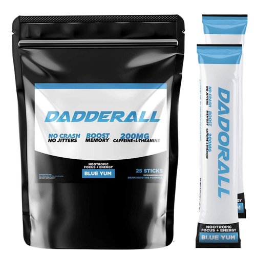 Dadderall Nootropic Powder for Energy and Focus | No Sugar Focus Energy Drink Mix with Nootropic Supplements, 200mg Caffeine, for Adults, 25 Single Serve Packets, Blue Yum