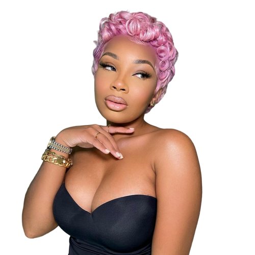 Fencca Short Pink Curly Wig Afro Pixie Cut Curly Wigs for Women Pixie Fluffy Wig with Bangs Mixed...