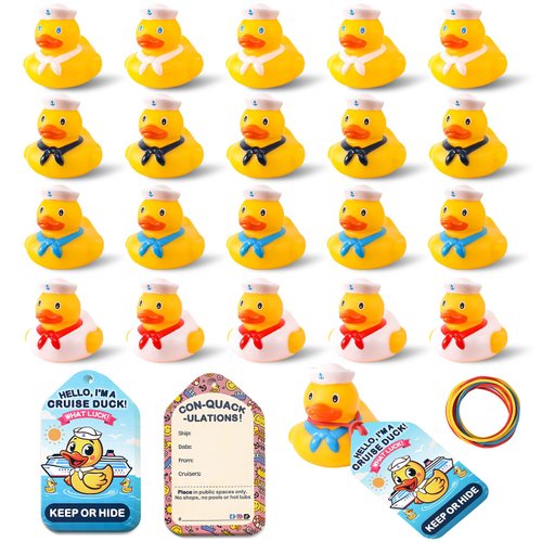 60 Pack Cruise Rubber Duck Kits Includes 20 Pcs Rubber Cruise Ducks, 20 Pcs Tags and 20 Pcs Rubber Bands, Cruise Ships Hiding Ducks, Carnival Game Rewards, Christmas Bath Toys Gifts