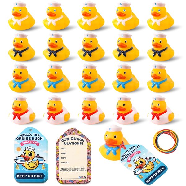 60 Pack Cruise Rubber Duck Kits Includes 20 Pcs Rubber Cruise Ducks, 20 Pcs Tags and 20 Pcs Rubber Bands, Cruise Ships Hiding Ducks, Carnival Game Rewards, Christmas Bath Toys Gifts