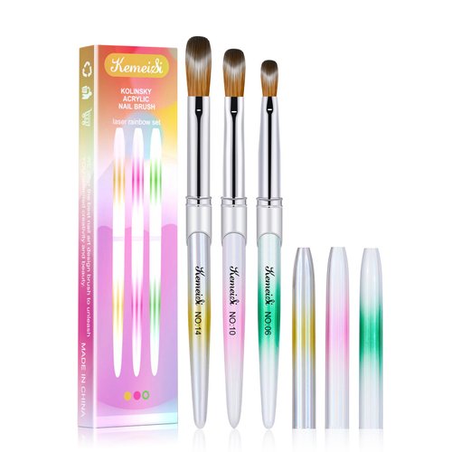 KEMEISI 3PCS Acrylic Nail Brush Set, Size 06/10/14 Kolinsky Nail Art Brushes for Acrylic Application, Sturdy Handle Oval Shaped Acrylic Powder Nail Design Tools for Professional Manicure DIY Home