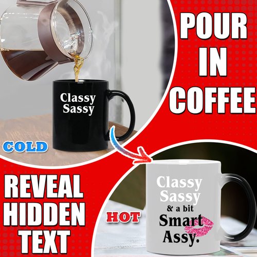 GR8AM Text Revealing Tea Cup 16oz - Classy Sassy & A Bit Smart Assy - Funny Coffee Mug & Cute Coffee Cups for Women. Best Big Coffee Cups for Stocking Stuffers or Cute Gifts for Women