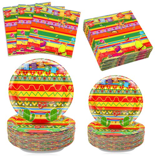 144 Pcs Fiestas Decorations for 48 Guests, Mexican Fiestas Tableware Set Fiestas Dessert Plates Napkins, Mexican Theme Party Supplies for Carnivals Event Birthday Dia De Muertos Festival