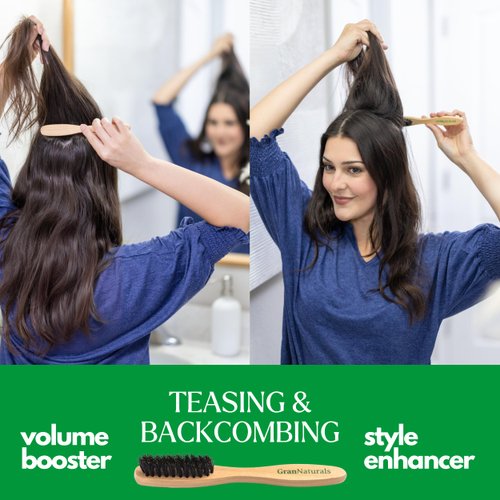 GranNaturals Teasing Boar Bristle Brush for Slicking Back Hair, Smoothing Ponytail Bun, Backcombing, Edge Control & Hair Sectioning - Wooden Slickback Hairbrush for a Sleek & Smooth Hairstyle