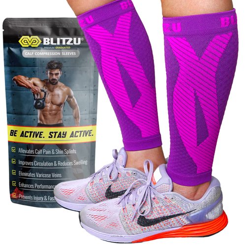 BLITZU Calf Compression Sleeves for Men and Women. Footless Compression Socks Support for Varicose Vein, Nursing, Running. Leg Sleeve Brace for Shin Splints, Pain Relief & Reduces Swelling Purple S-M